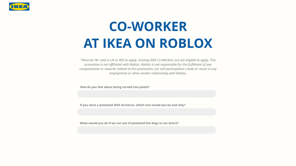 Screenshot of IKEA's Roblox program application.