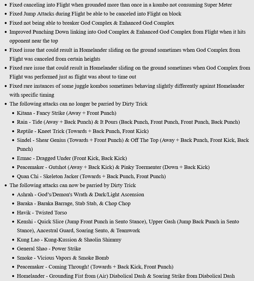 A list of changes for the Mortal Kombat 1 character Homelander in the MK1 June Hotfix Patch Notes