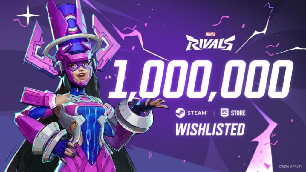 Marvel Rivals graphic celebrating 1 million Wishlists on Steam and Epic Games Store.