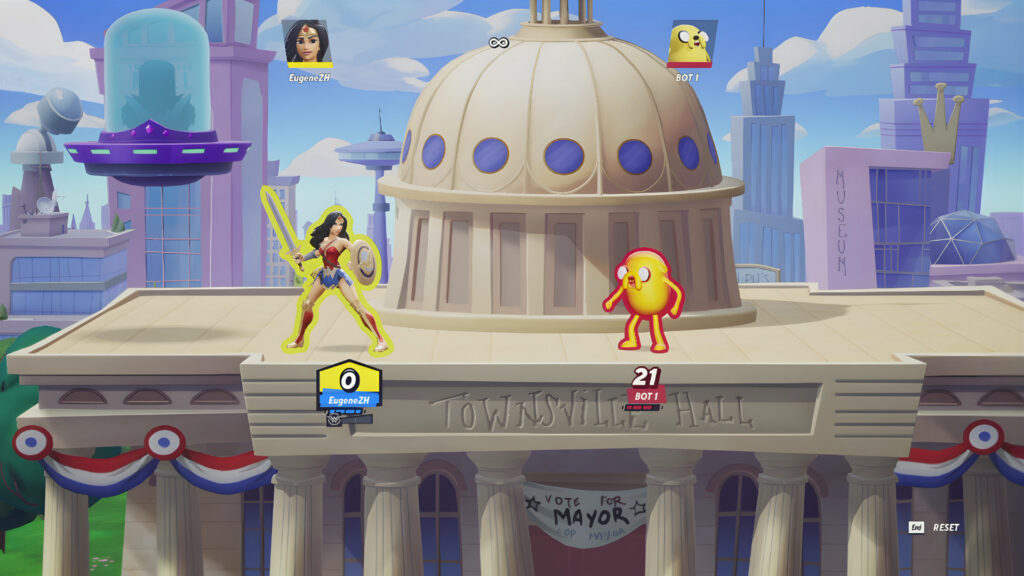 Wonder Woman and Jake the Dog on the MultiVersus map The City of Townsville: a screenshot