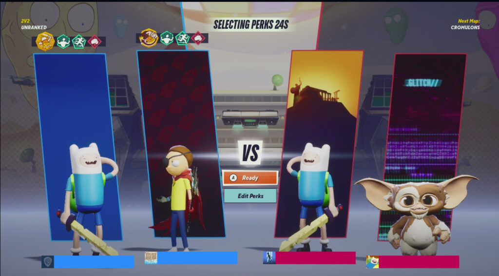 A screenshot of a match starting in the fighting game MultiVersus: a stage of choosing Perks for the characters
