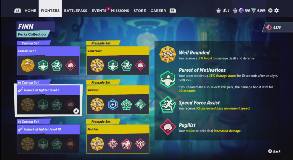 A screenshot of selecting Perks sets in the fighting game MultiVersus