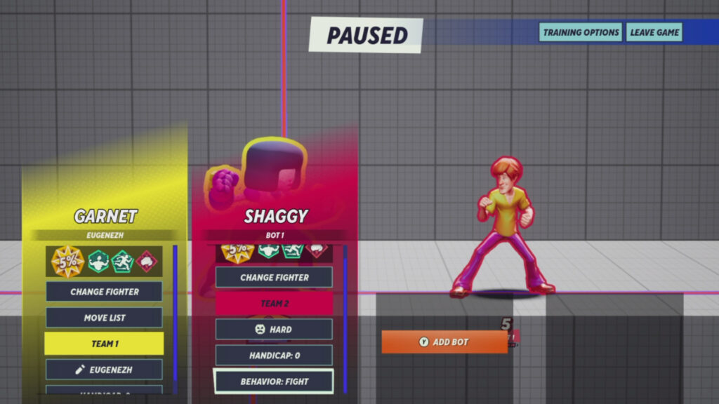 Setting up bots in the training mode of the platformer fighting game MultiVersus, a screenshot