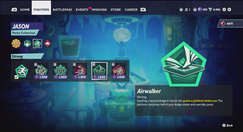 A screenshot from the game MultiVersus: selecting Perks for Jason from the Friday 13th, the category of Strong Perks