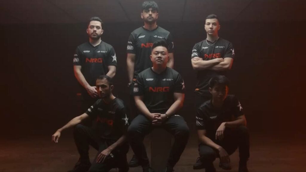 FNS and the rest of NRG's VALORANT roster pose wearing the org's new "Core Jersey."