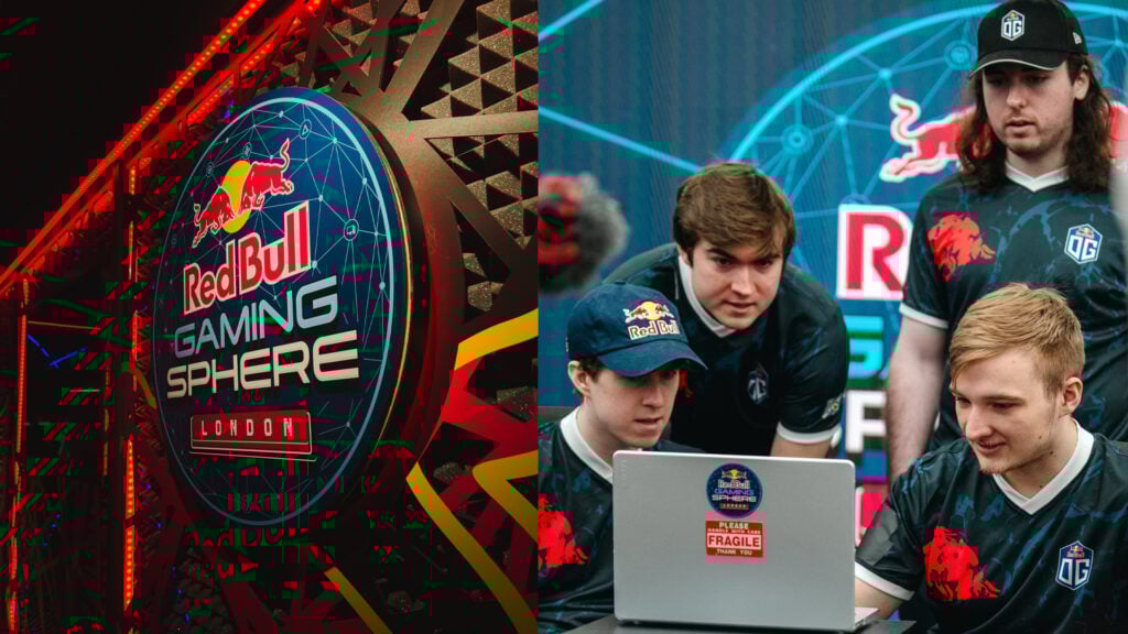 OG Esports Rocket League team gathered around a laptop at the Red Bull Gaming Sphere in London.