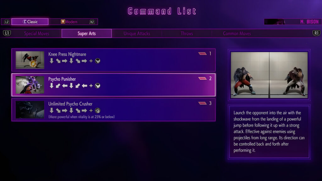 An in-game screenshot of the command list of the Street Fighter 6 character M.Bison: Super Art inputs