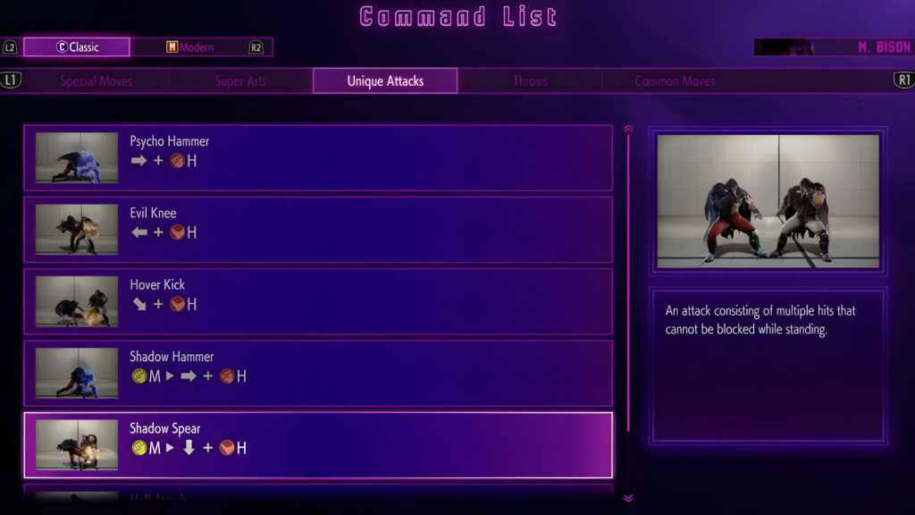 A list of command normals / unique attacks for M.Bison in Street Fighter 6