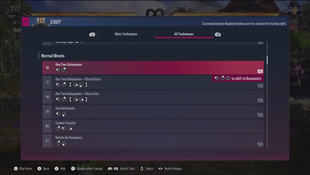 A screenshot from the fighting game TEKKEN 8 with a list of move of Eddy Gordo, one of the characters