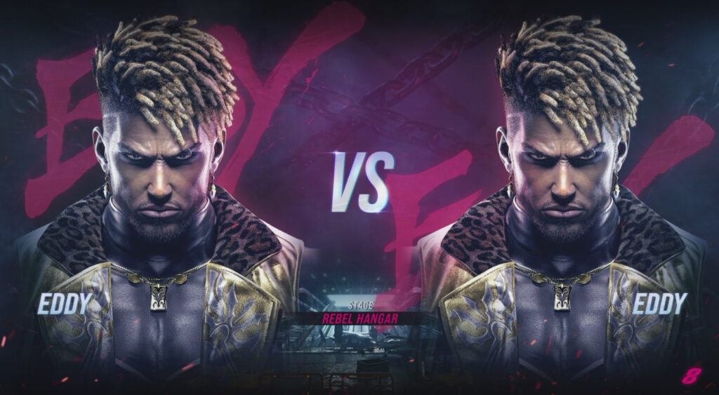 A screenshot of a match start in TEKKEN 8: Eddy Gordo playing against Eddy Gordo, a mirror match