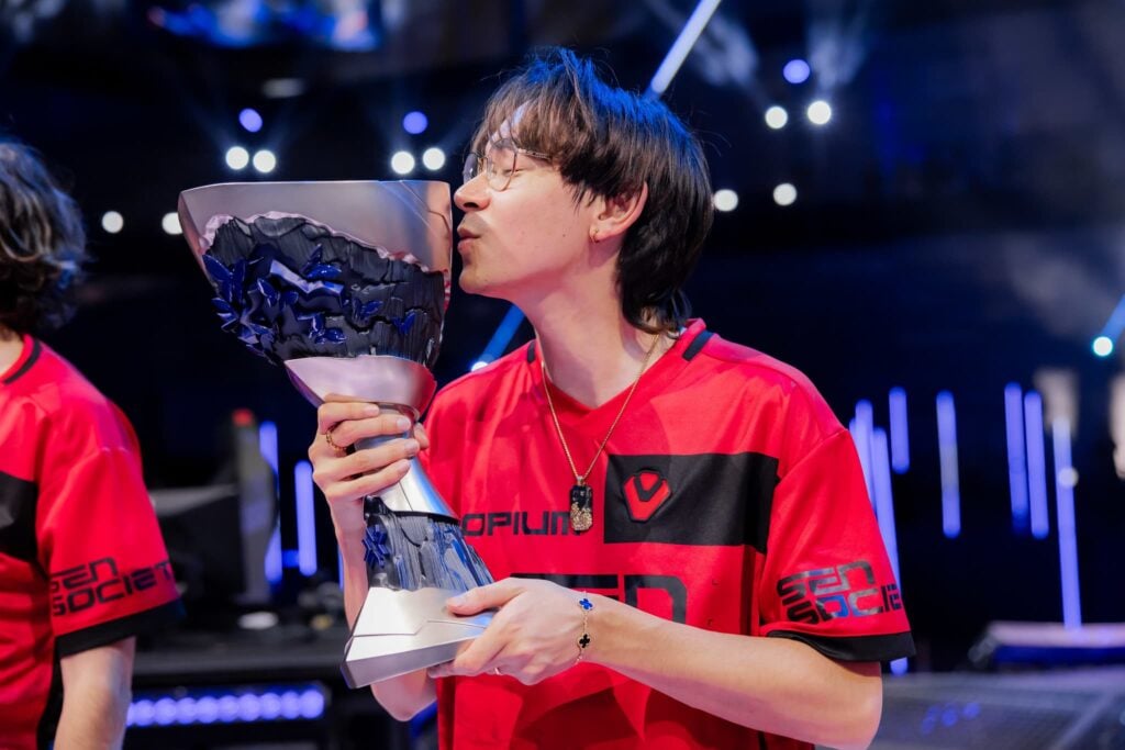 Tyson TenZ Ngo of Sentinels seen onstage with trophy after victory at VALORANT Masters Madrid Grand Finals at the Madrid Arena on March 24, 2024 in Madrid, Spain. 