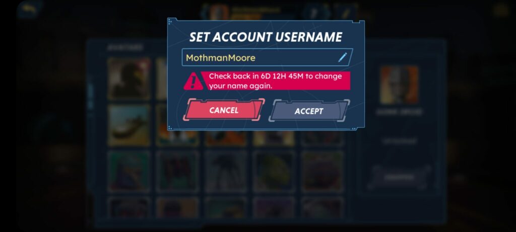 The cooldown shown to change your username in Star Wars: Hunters.