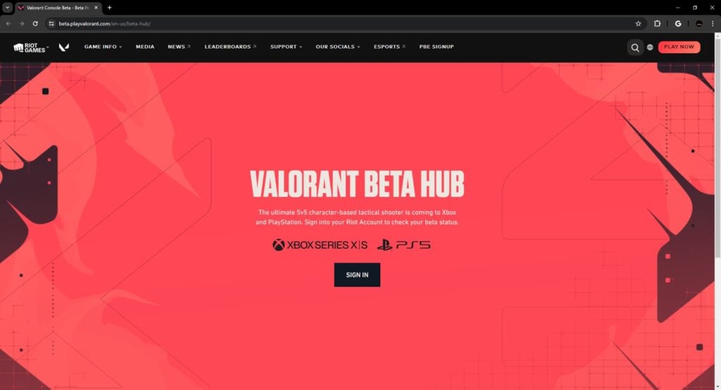 The VALORANT Console Limited Beta hub web page.