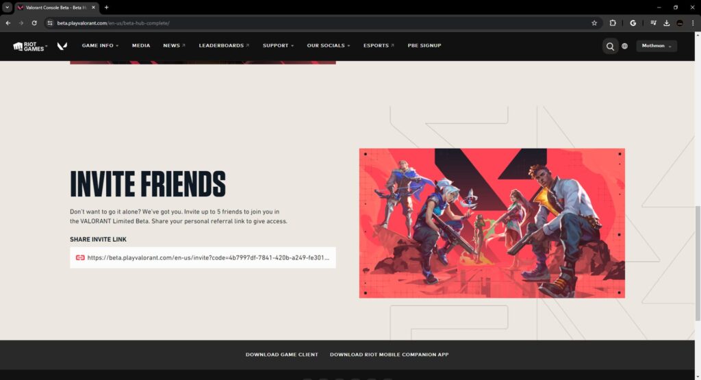 The Invite Friends section of the VALORANT Console Beta Hub.