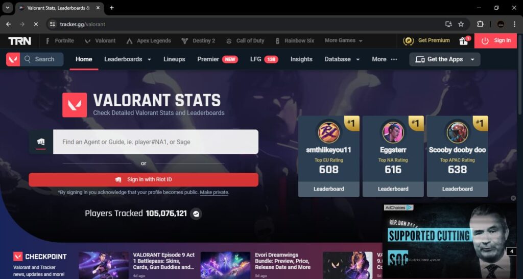The VALORANT Tracker main page.