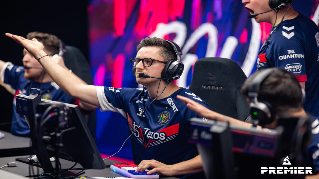Vitality's CS2 in-game leader apEX makes gestures to the crowd during BLAST Premier Spring Final 2024 playoffs.