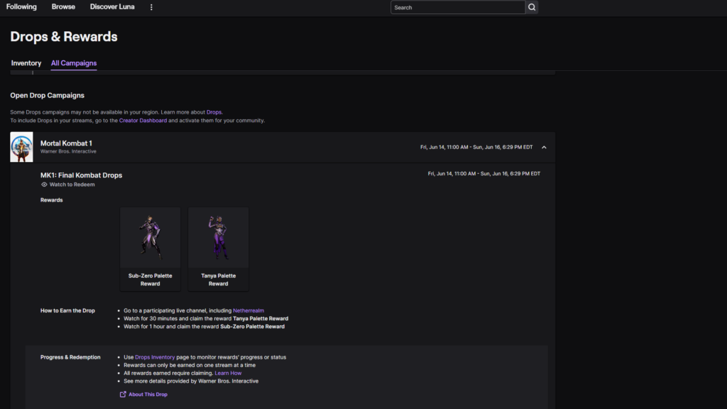 MK1 Twitch drops screenshot