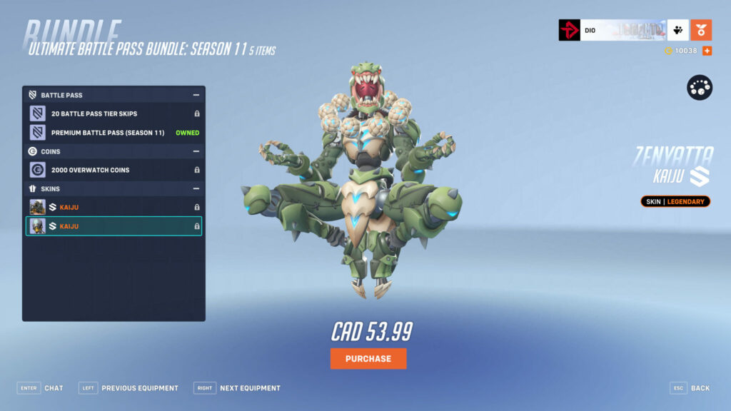 Screenshot of the Kaiju Zenyatta skin in the Overwatch 2 Season 11 Ultimate Battle Pass Bundle