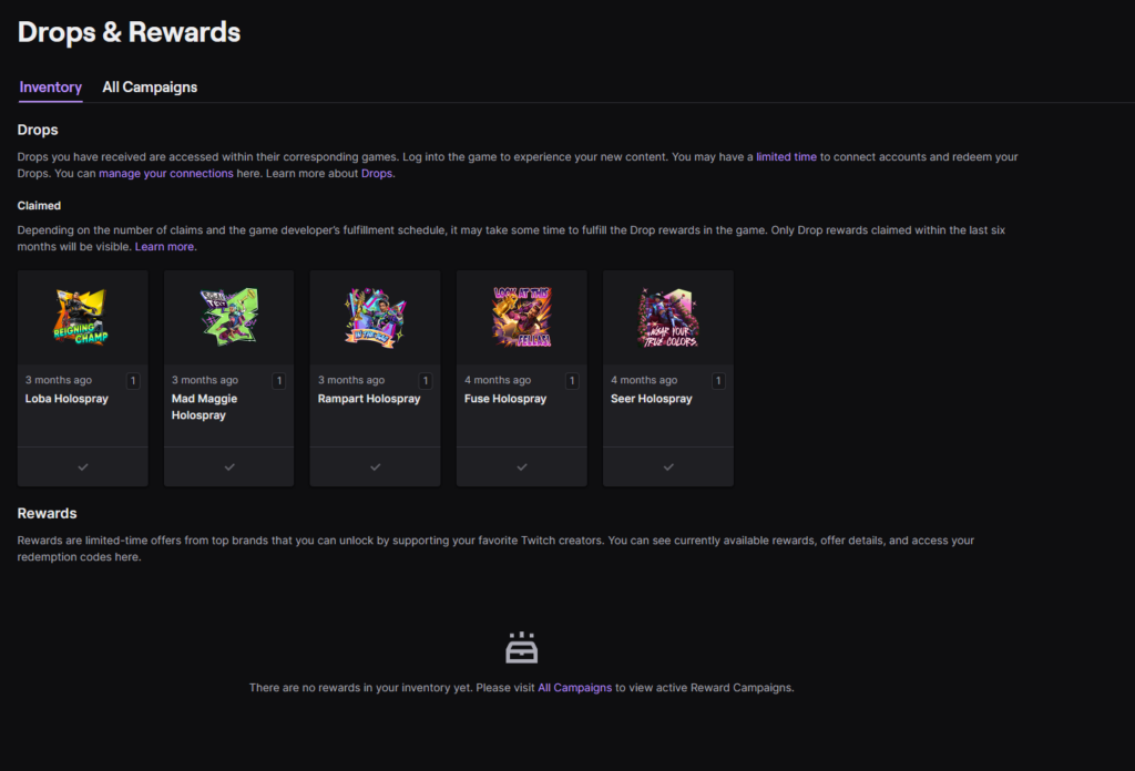 Apex Legends Twitch Drops Inventory Screen