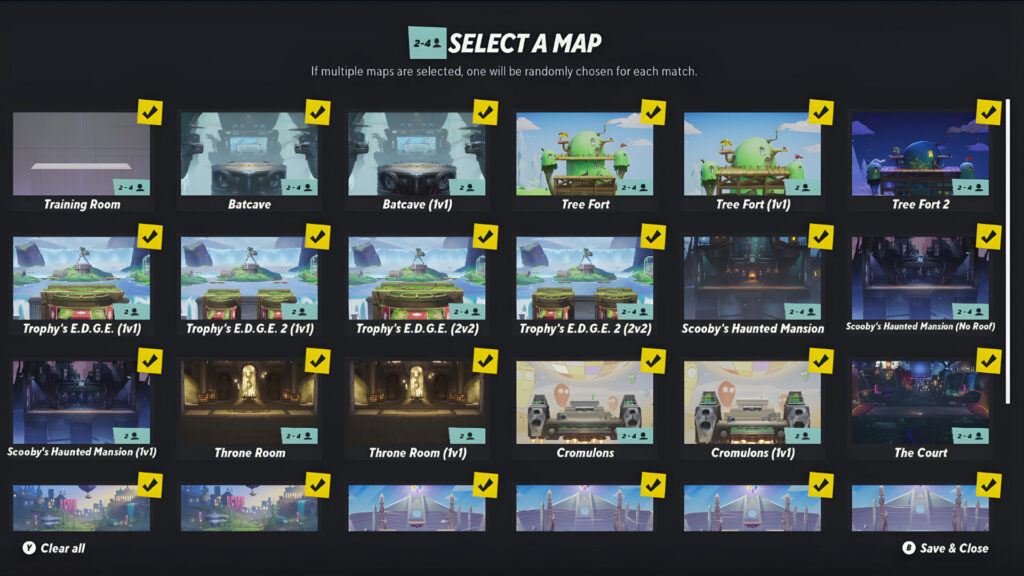 A screenshot from the platformer fighting game MultiVersus: a section for selecting maps / stages