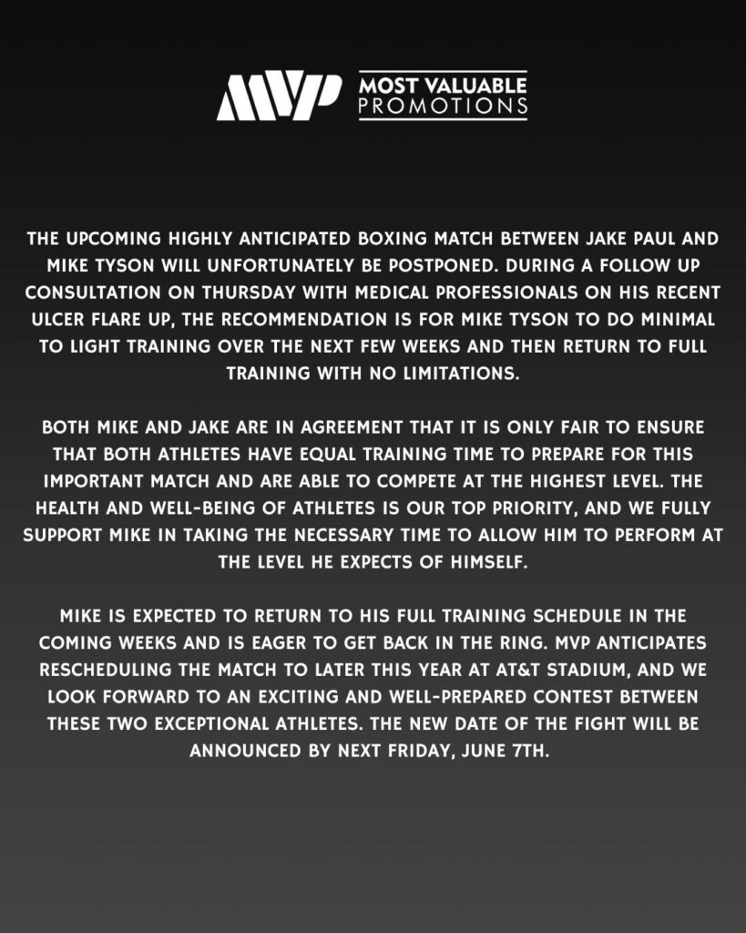 MVP Statement on Jake Paul Mike Tyson Delayed Fight