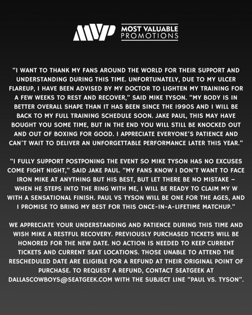 MVP Statement on Jake Paul Mike Tyson Delayed Fight