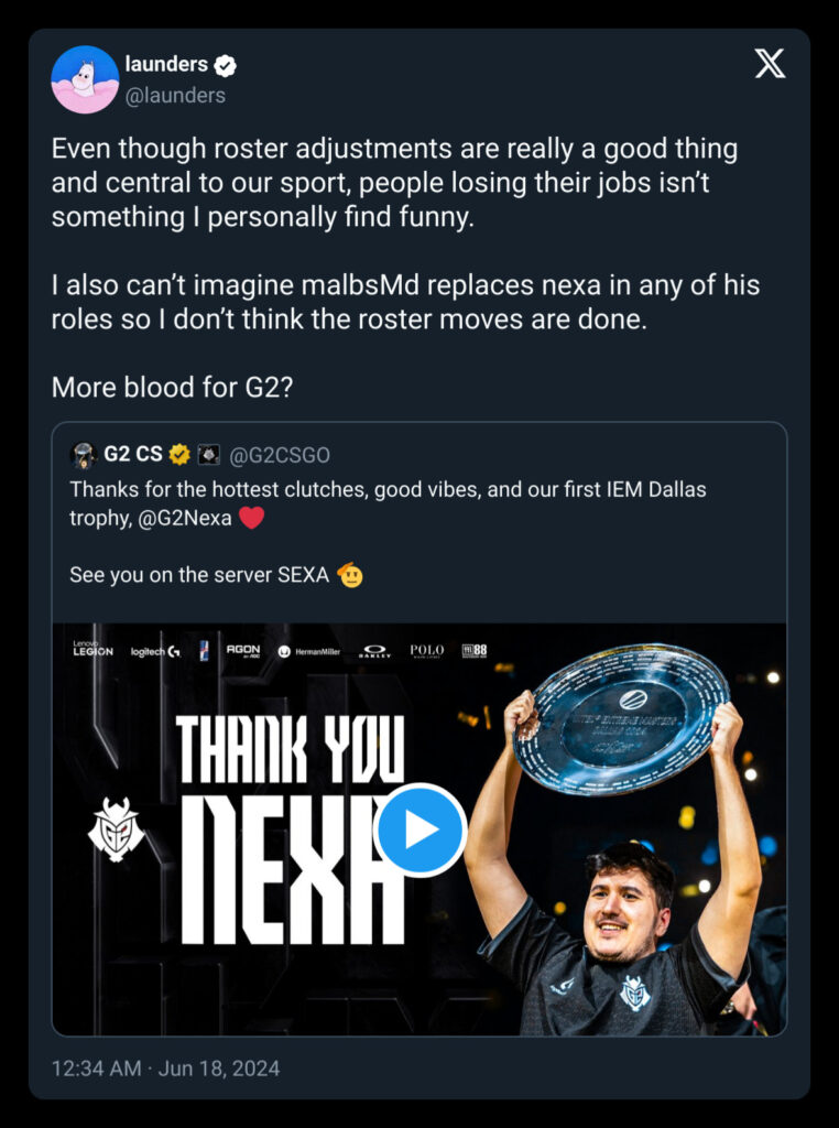 launders on X after G2 bench nexa