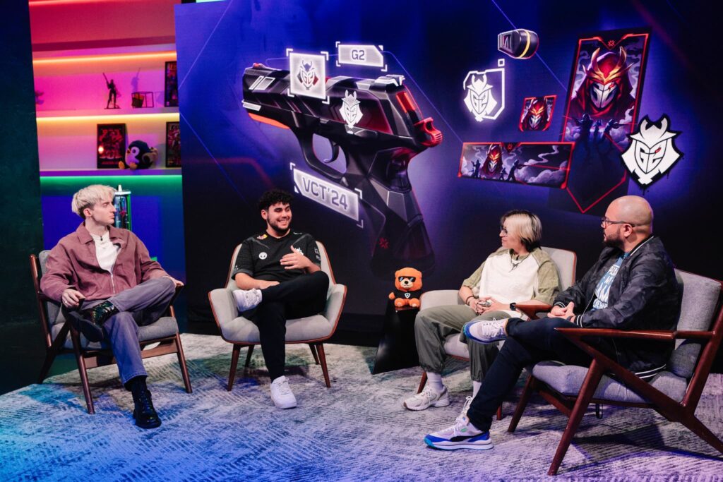 (L-R) "Wyatt", valyn of G2 Esports, "meL" and "Goldenboy" at Week 1 of VCT Americas Stage 2 at the Riot Games Arena on June 24, 2024. 