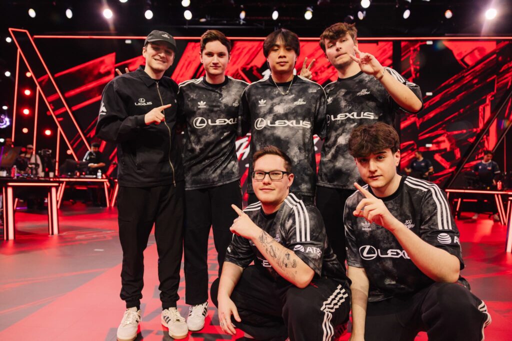 100 Thieves, who plays Evil Geniuses, on stage after victory at Week 2 of VCT Americas Stage 2 at the Riot Games Arena on July 03, 2024.