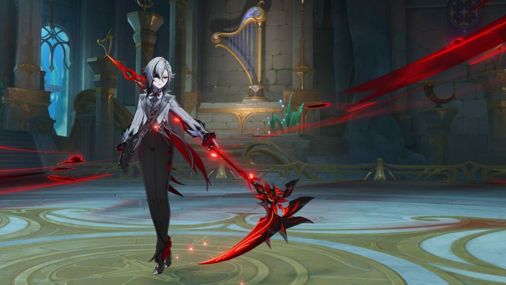 Arlecchino equipped with her signature weapon Crimson Moon's Semblance (image via HoYoverse)