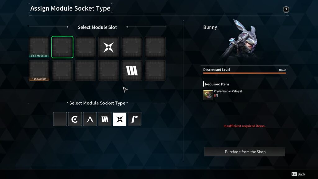 The Assign Module Socket Type screen to prestige in The First Descendant.