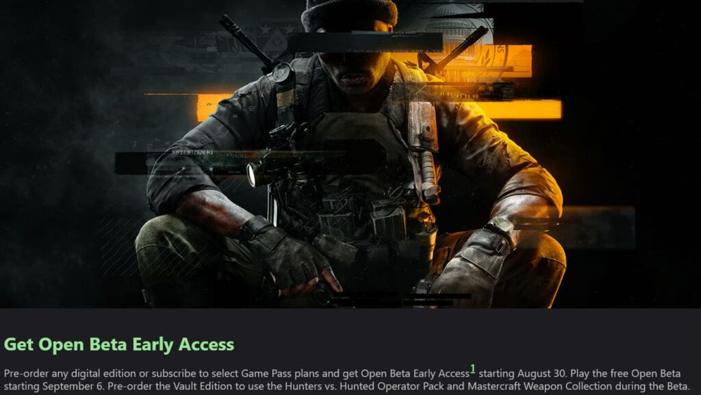 Call of Duty Black Ops 6 graphic with dates regarding the open beta.