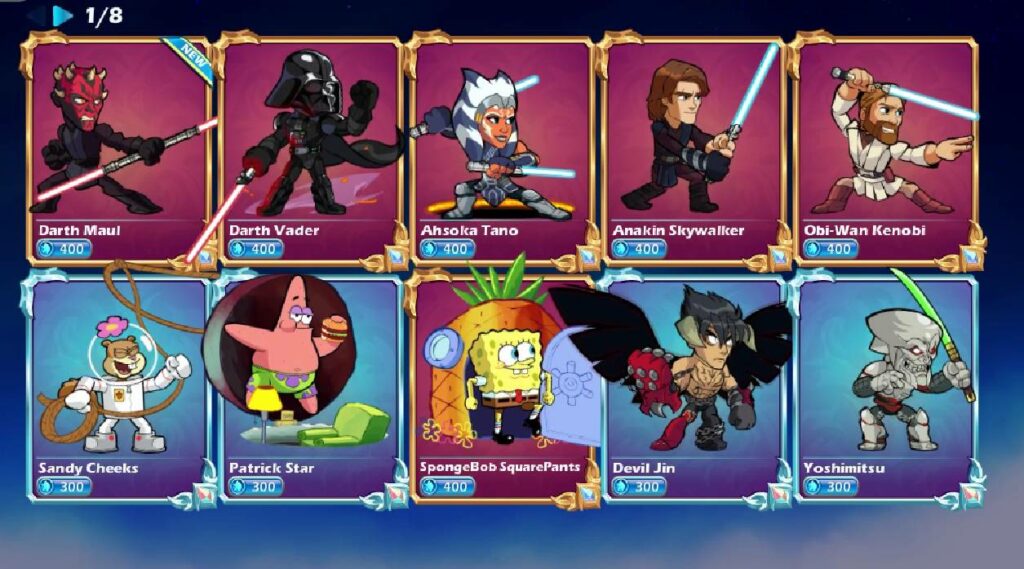 A screenshot from the in-game store in the platform fighting game Brawlhalla: with the offers of crossover character skins