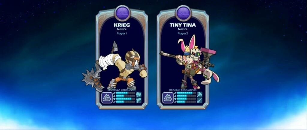 A screenshot from the match start in Brawlhalla, featuring Borderlands character Krieg and Lilith as Brawlhalla: Vault Hunters crossover skins
