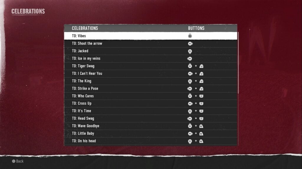 The first button section for College Football 25's celebrations.