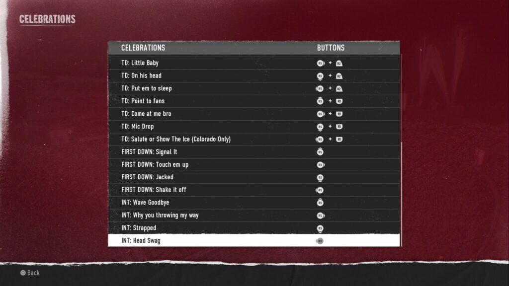 The second button section for College Football 25's celebrations.