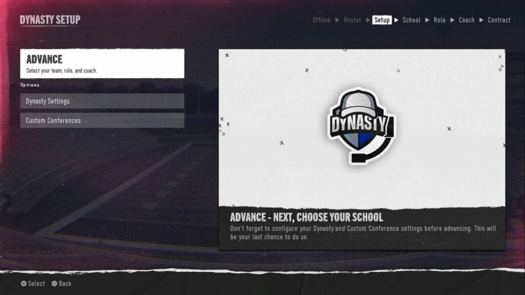 The settings selection in College Football 25 Dynasty.