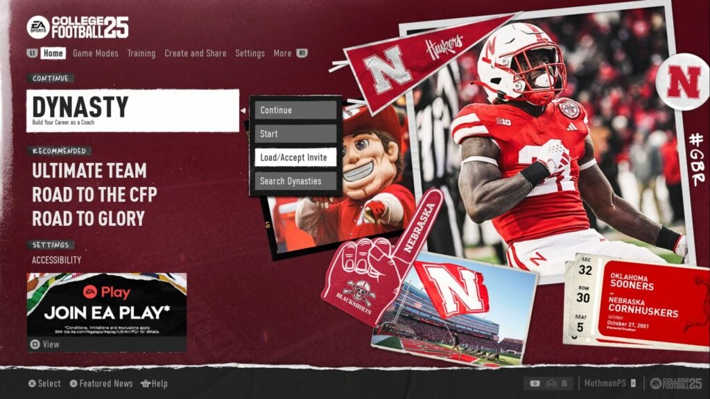 The selection of load/accept invite for an online dynasty in College Football 25.