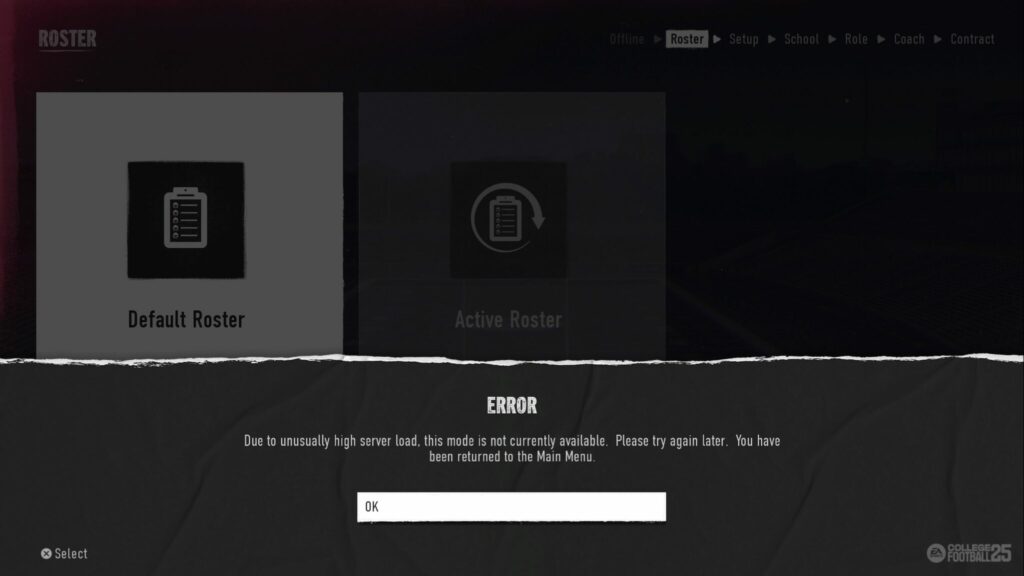 The message saying the EA Servers are down in College Football 25.