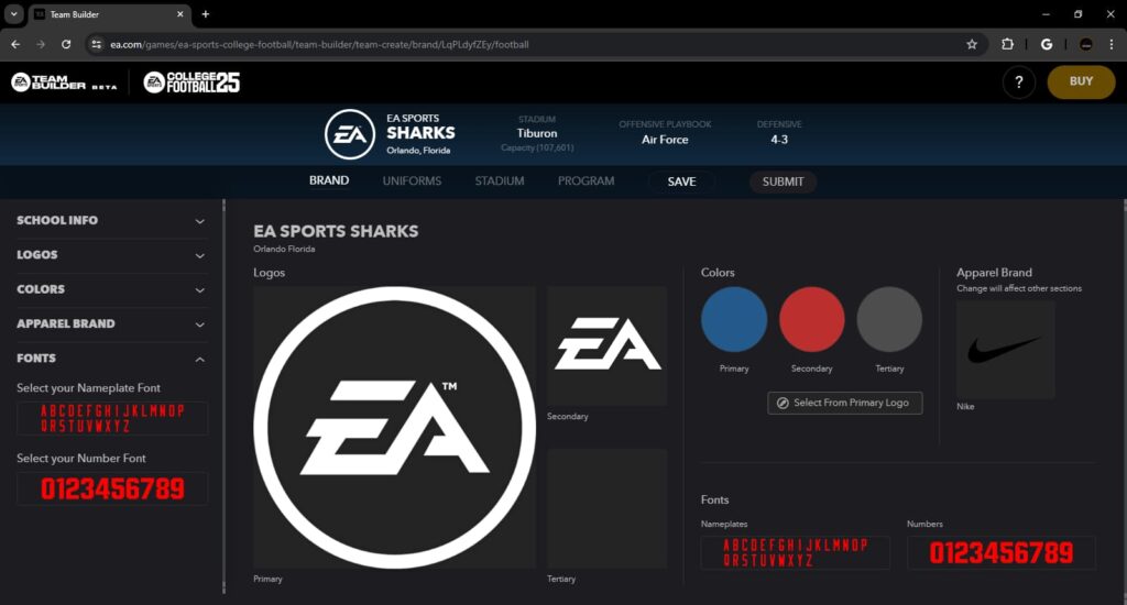 The College Football 25 Team Builder website.