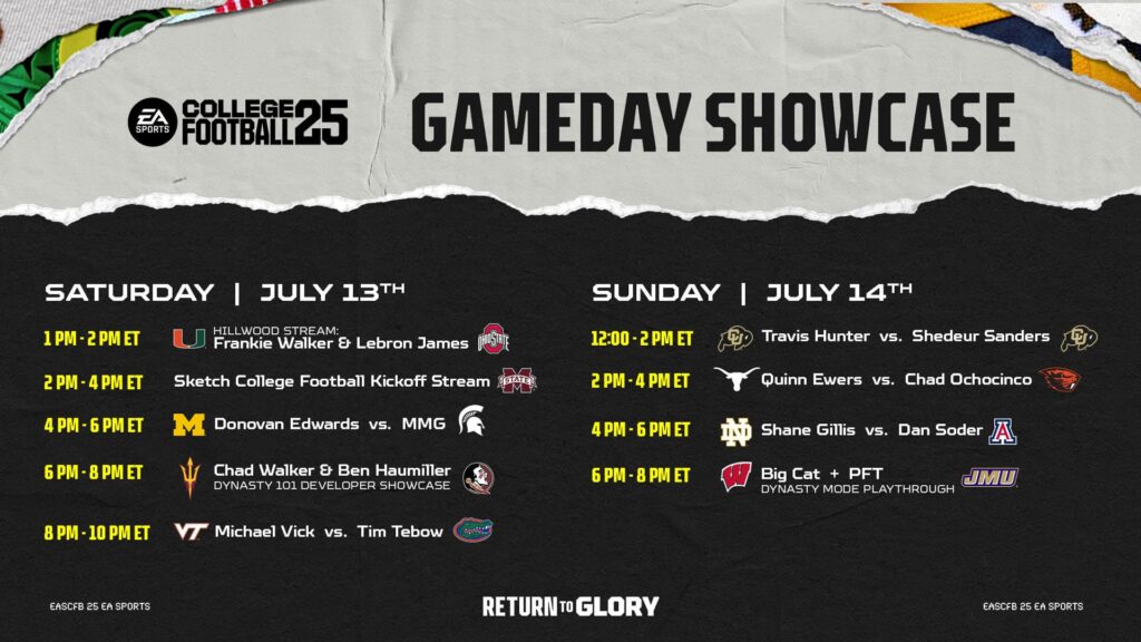 The schedule of events and matchups for the College Football 25 Gameday Showcase.