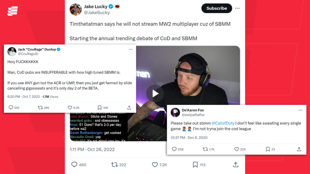 Call of Duty content creators complaining about skill-based matchmaking on X (formerly Twitter).