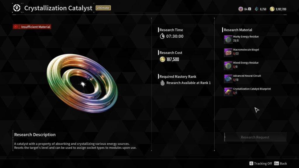 The Crystallization Catalyst research screen that shows needed materials in The First Descendant.