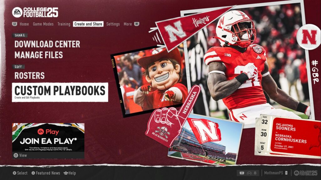 Custom Playbooks on the menu of College Football 25.