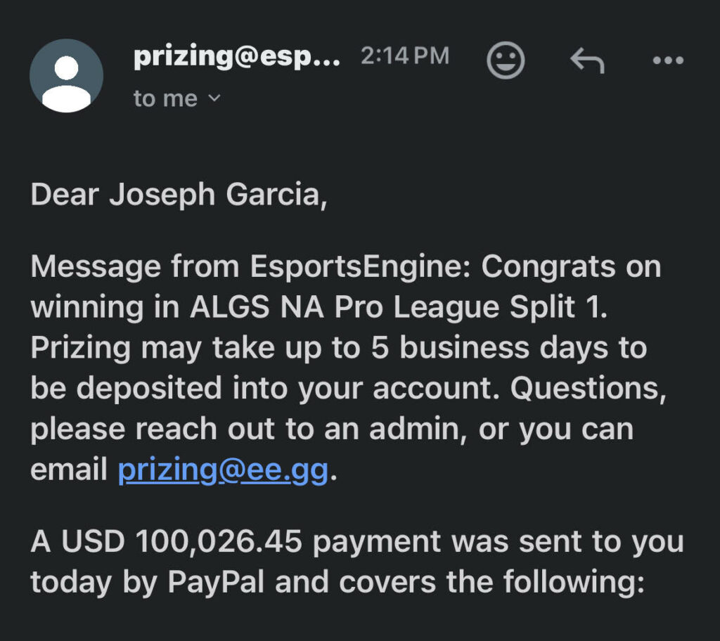 ALGS Prize Money sent to the wrong players.