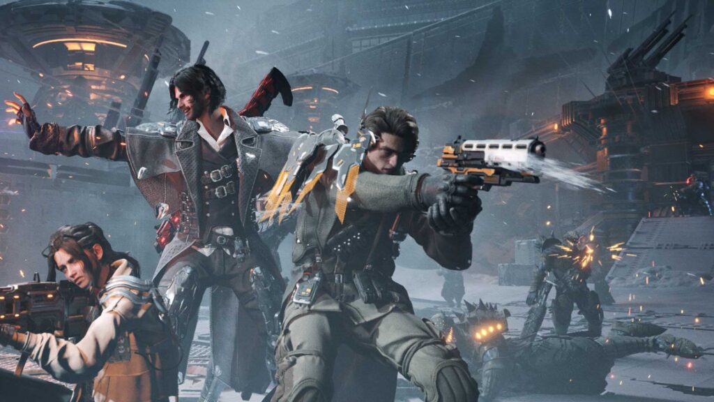 Enzo holding his weapon next to other The First Descendant characters.