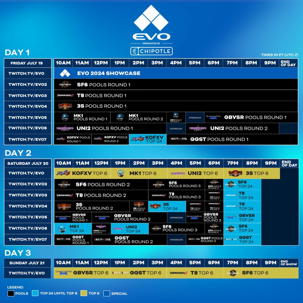 The full schedule of the fighting games event the Evolution Championship Series, Evo 2024