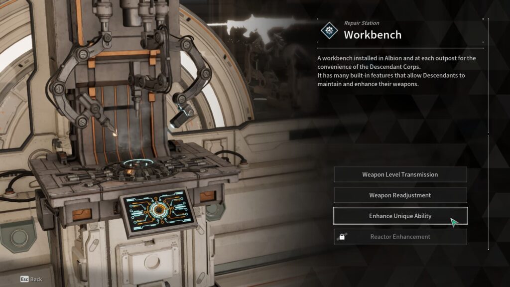 The workbench has the option to Enhance a Unique Ability in The First Descendant.