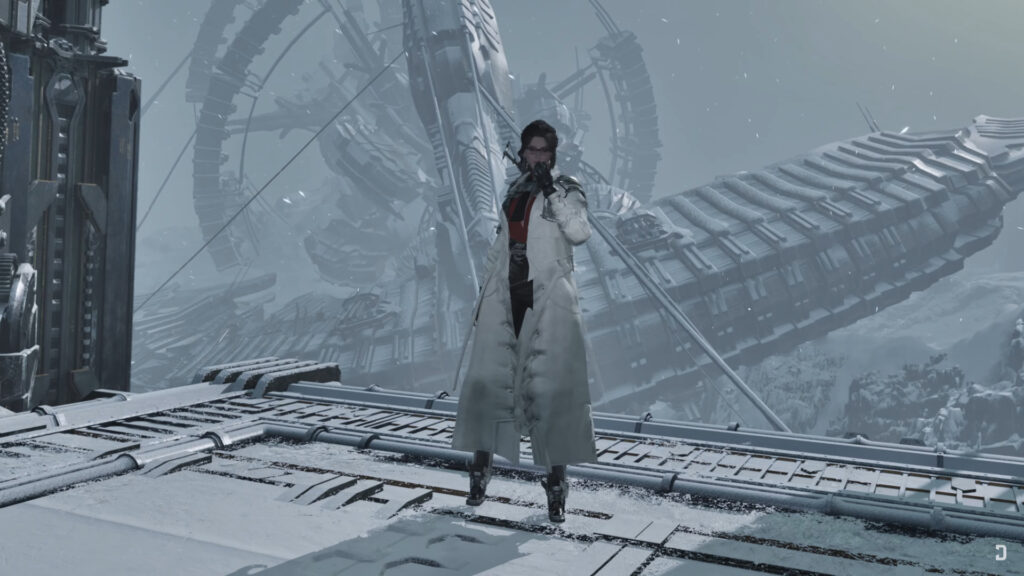 Female scientist in video game staying outside in the snow.