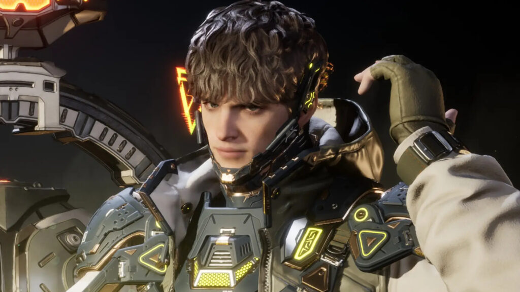 Male hero equiped with technological suit in a video game.